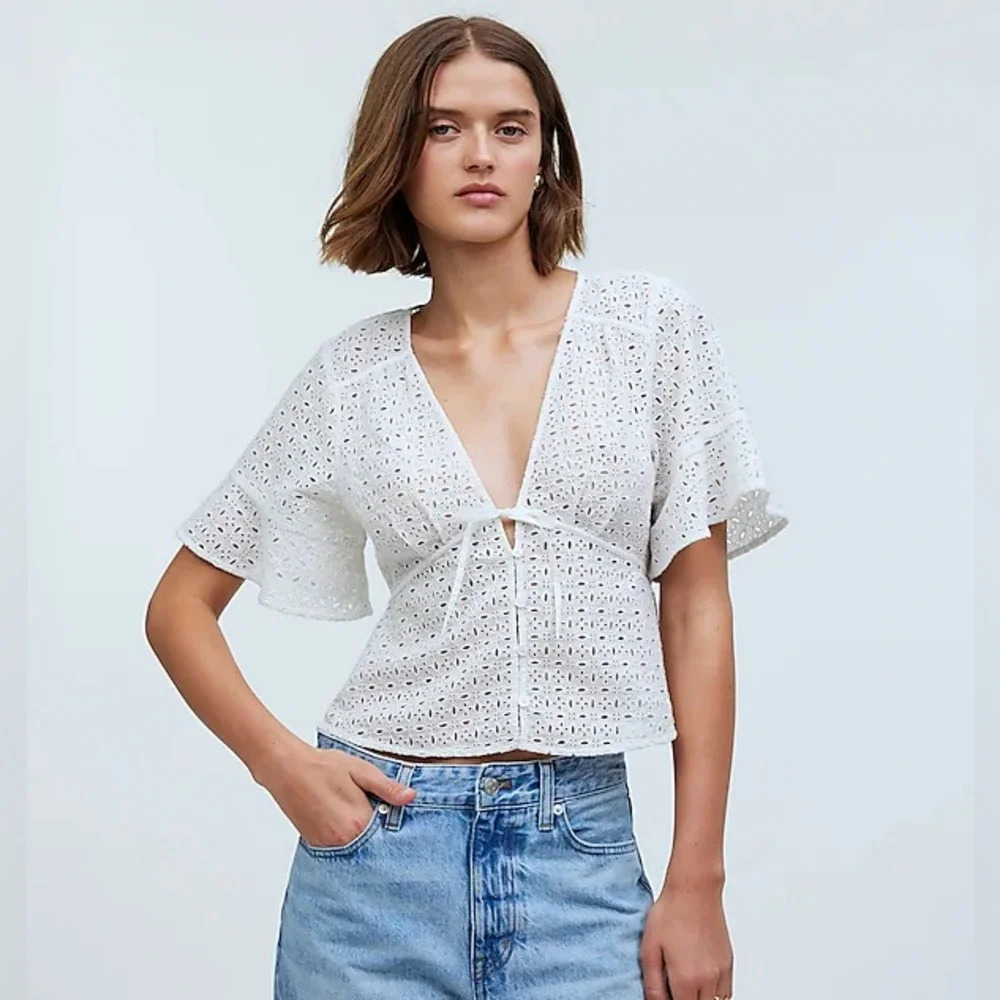 Nwt Madewell Tie-Front Top In Eyelet Soft White Xxs